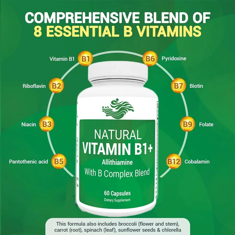 Eight Natural Vitamin B1, B6, B12 Complex Supplements, Including Thiamine, Niacin, Folic Acid, Magnesium, Etc. -60 Capsules