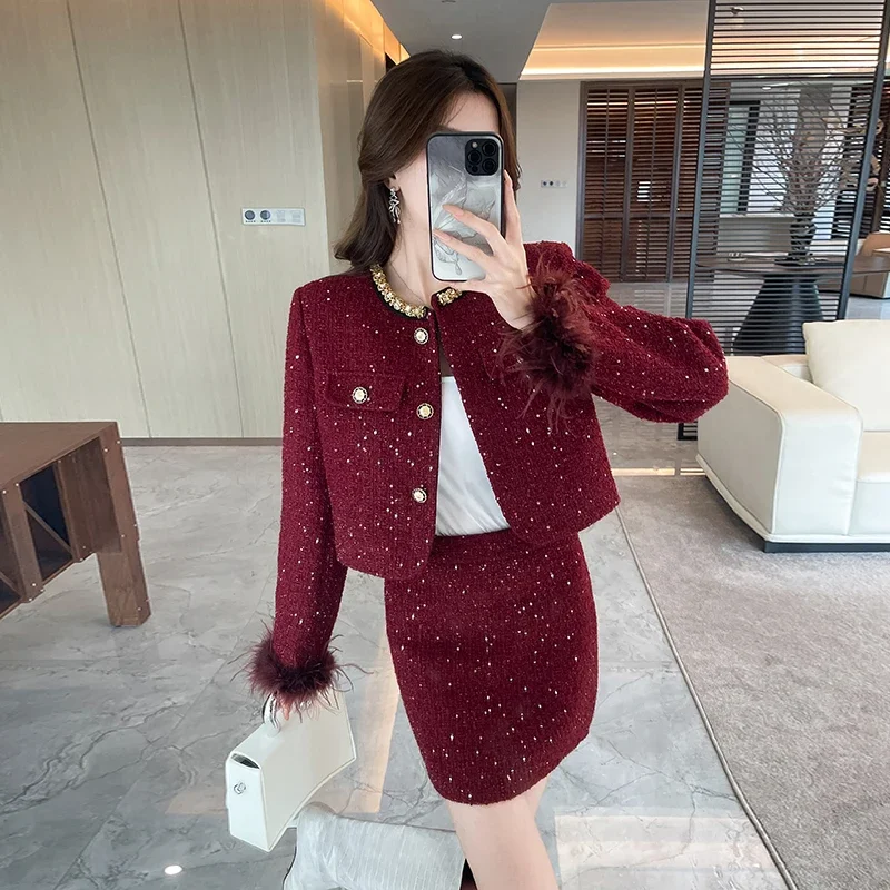 UNXX Elegant High-end Lady Two-piece Set Autumn Winter Padded Short Jacket with Bodycon Skirt Women Female Office Lady Clothing