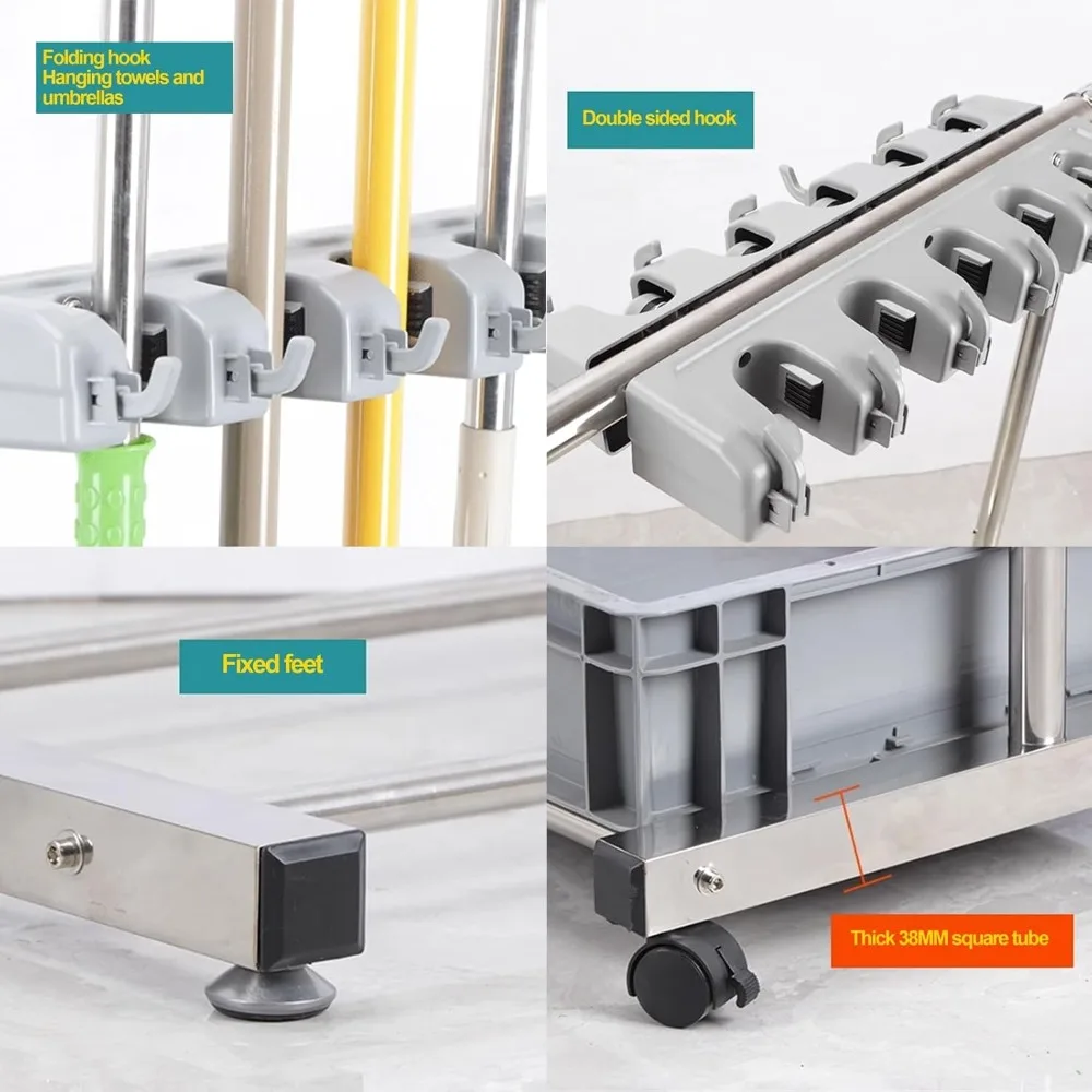 Tempat Pel dan Payung Portabel dari Baja Anti Karat dengan Penyimpanan untuk Peralatan dan Perlengkapan Kebersihan