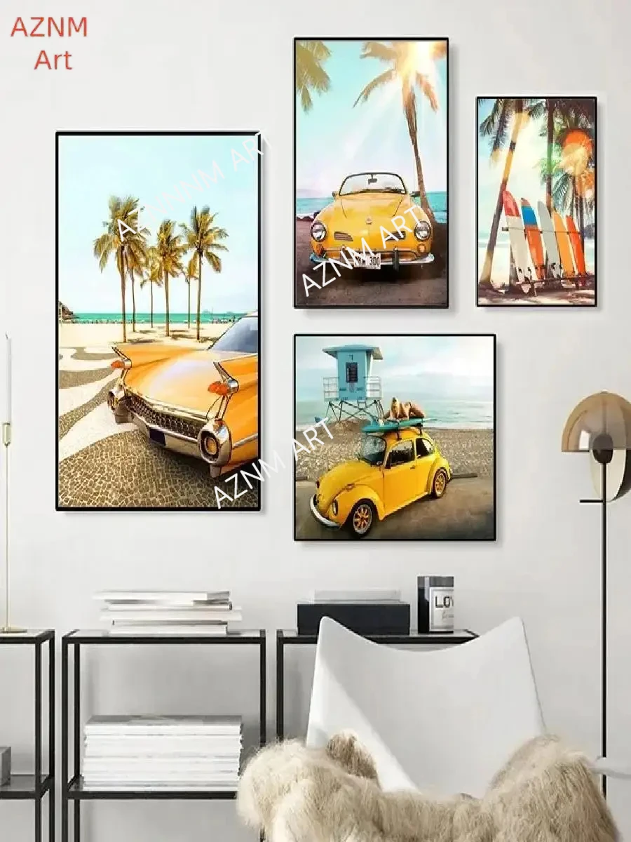 Vintage Beach Vibes Wall Art Coconut Tree Girl Yellow Car Sunshine Beach Chair HD Print Poster for Living Room Bedroom Decor