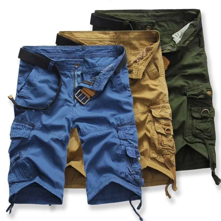 2025 Summer Cotton Cargo Shorts Men Fashion Multi Pocket Solid Color Causal Shorts Mens Loose Outdoor MID Cargo Shorts No Belt