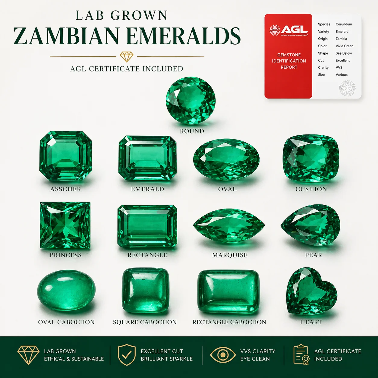

Lab Grown Zambian Emeralds Hydrothermal Hand Cutting Multiple shapes with Cracks Inclusions Inside Selectable AGL Certificate