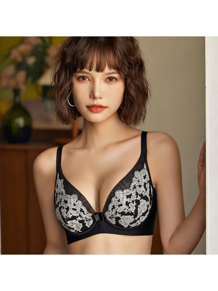 YUQI Women's Sexy Lace See-Through Bra Set, Ultra-Thin Soft Steel Ring Minimizer Anti-Bump Point No Show Light Luxury Lingerie