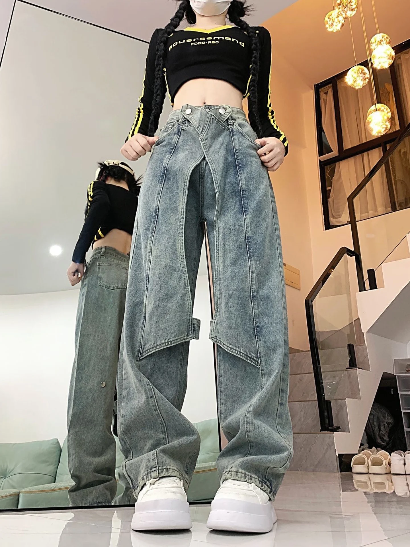 American Style Streetwear Denim Jeans Women's Autumn New Design Loose Wide Leg Slim Straight Pants Personalized Patchwork Dec...