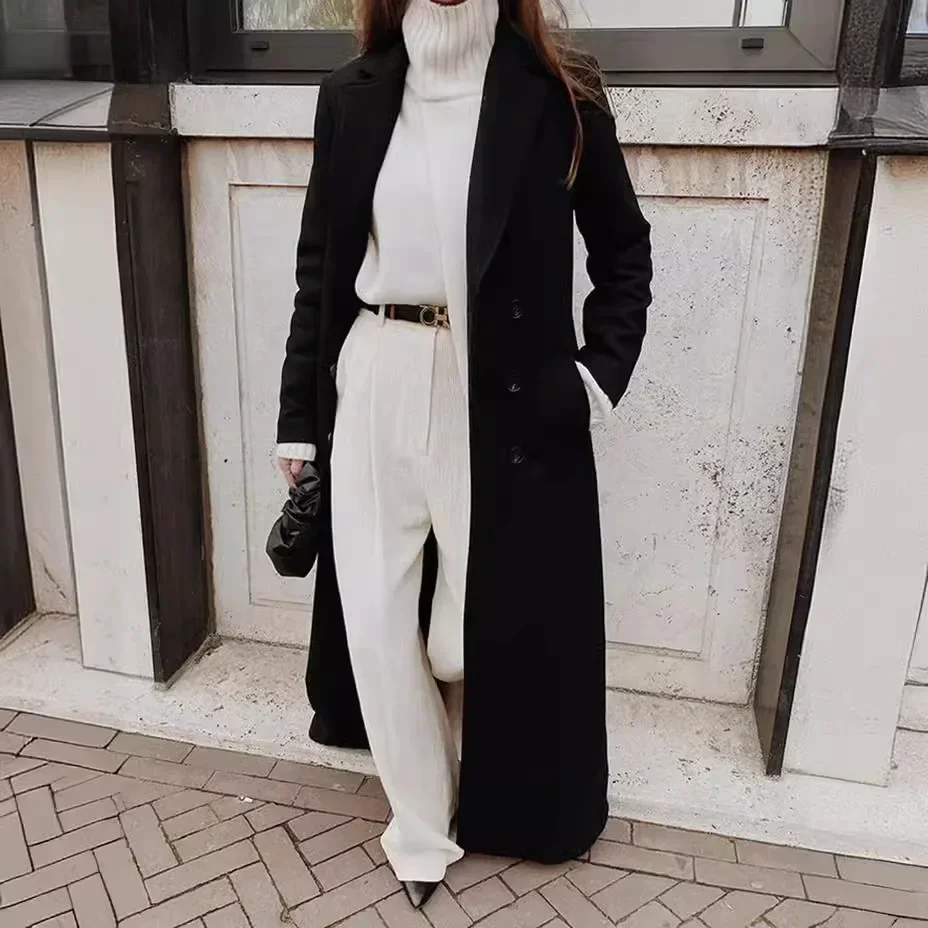Manica lunga Bottoni larghi Autunno Inverno Tinta unita Lunghezza caviglia Cappotto in misto lana Trench Moda donna
