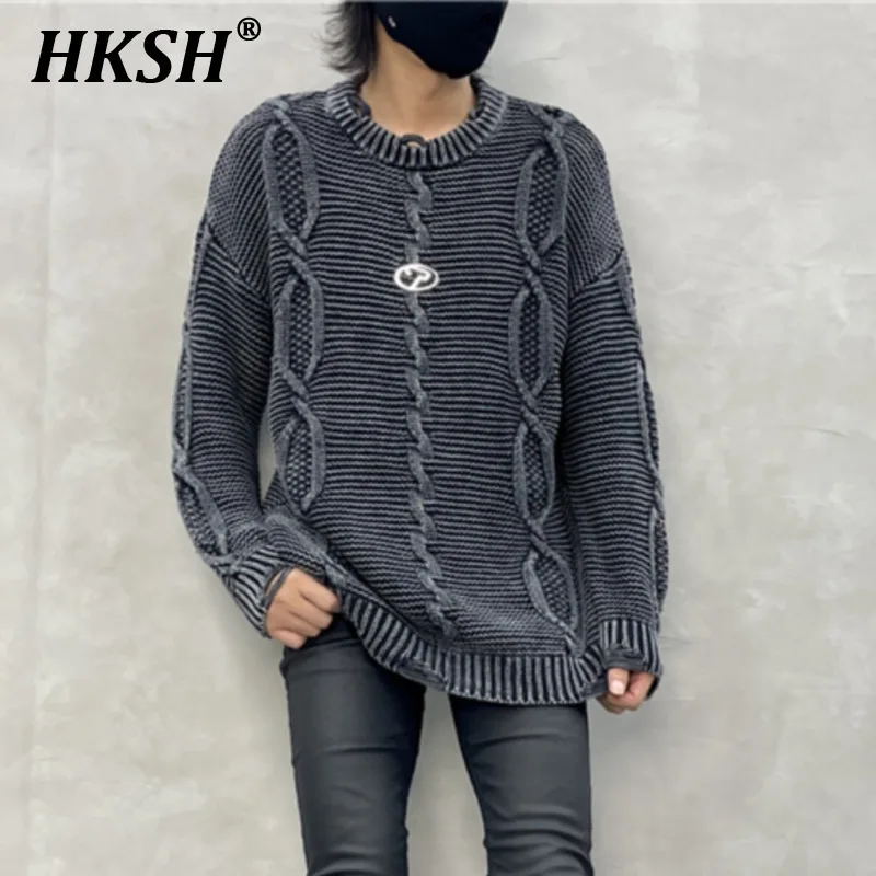 

HKSH Autumn Winter New Men's Tide Dark Punk Sweater Waste Land Style Distressed Chic Versatile Casual Knitted Pullover HK2336