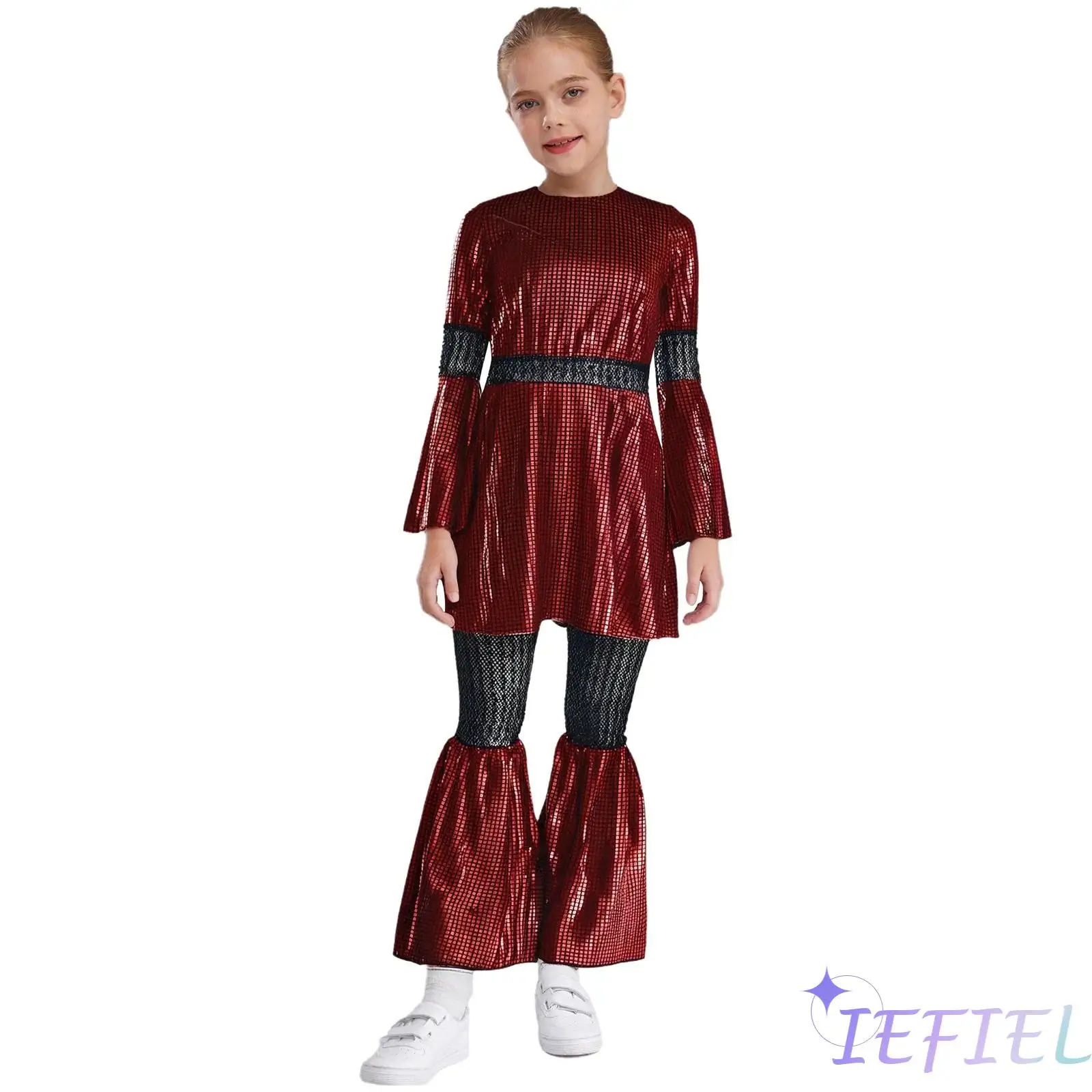 

Kids Girls Metallic Shiny Plaid Disco Costume Sequined Mesh Flared Sleeve Dress And Bell Bottom Pants Outfit for Halloween Party
