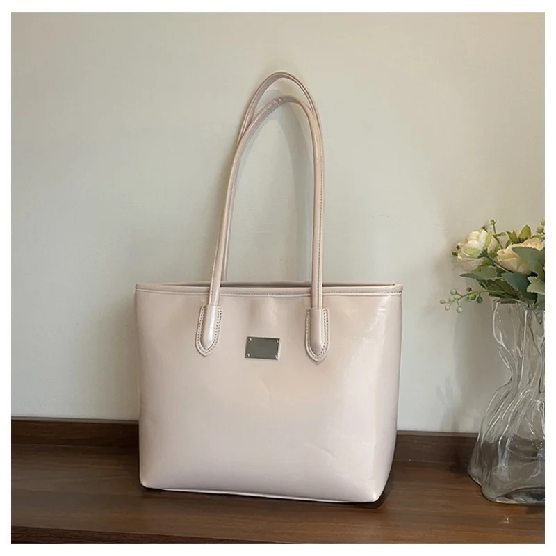 Large Capacity Solid Color Tote Bag For Women Simple Metal Plate Decor Shoulder Bag Casual Office Daily Work Handbag