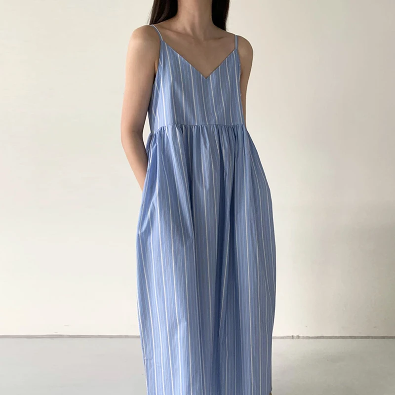 

Korean Sle Chic Summer Vintage V-ne Color Blo Striped High Waist Slimming Loose Long Strapl Dr Women's Faion