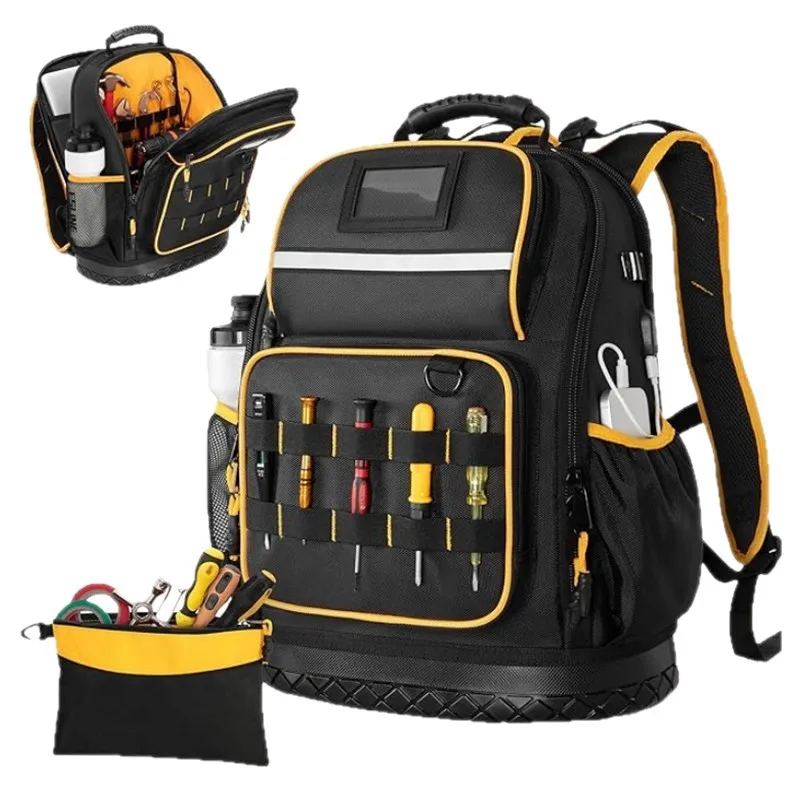 حقيبة ظهر من قماش أكسفورد مع حقيبة أدوات سفلية صلبة وحقيبة أدوات شديدة التحمل مع جيوب متعددة وغطاء للكمبيوتر المحمول