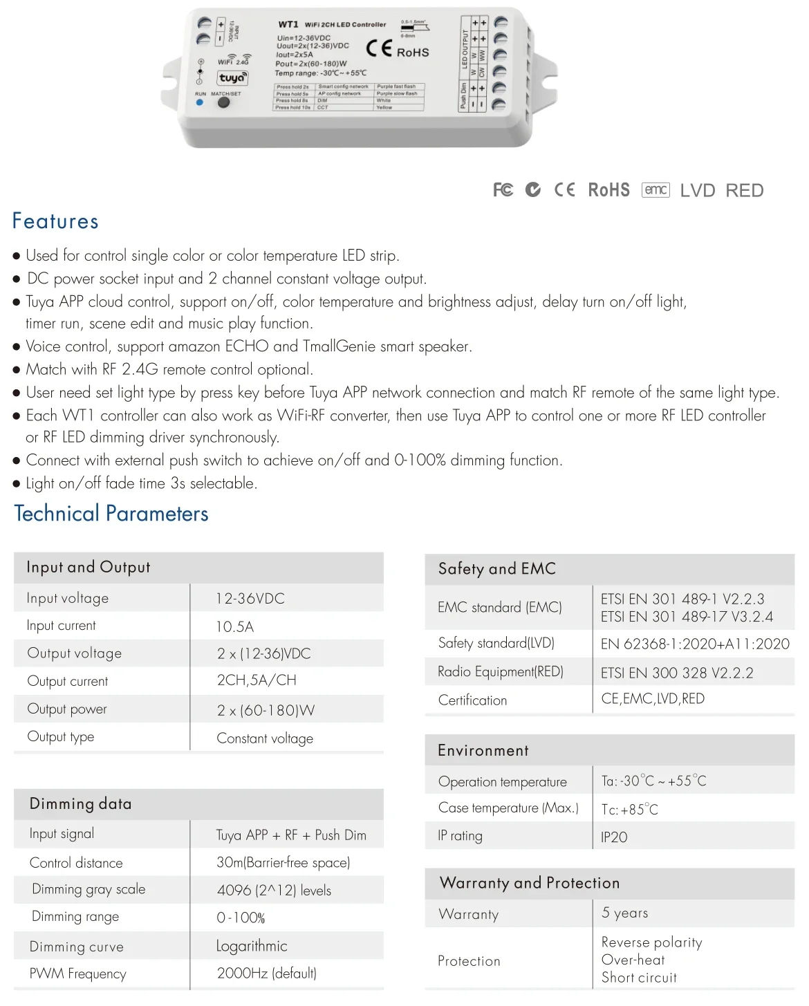 2CH Tuya Wifi LED Dimmer 12V 24V 36V DC 2.4G RF Wireless Remote Dimming Switch 2CH*5A WW CW CCT Controller WT1 Dimmer for Alexa