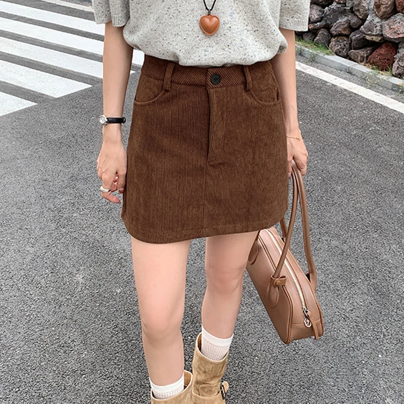Korean Fashion Corduroy Mini Skirt Women Trendy Slimming High Waist Short Skirt Woman 2025 Vintage Office Bodycon Skirt Ladies