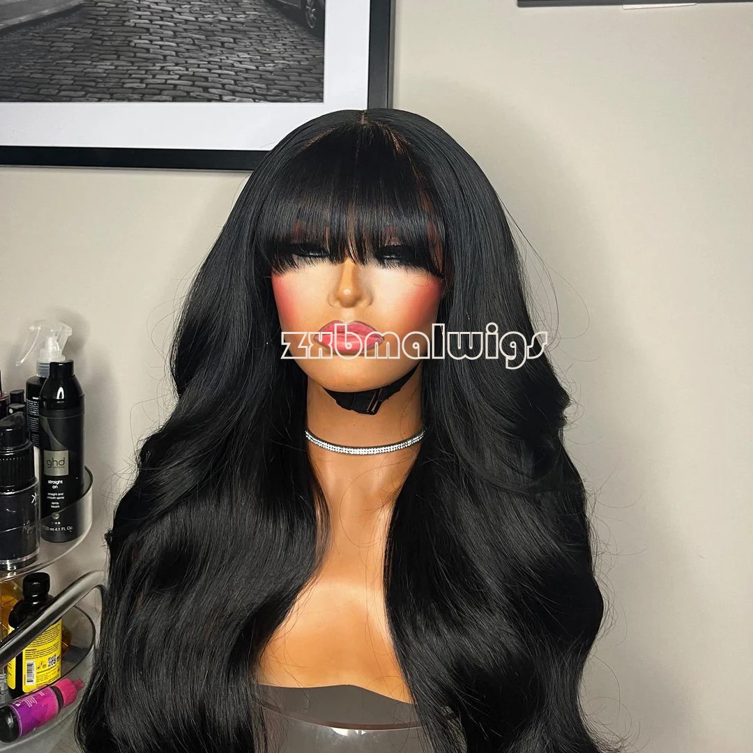 Bangs Fringe Body Wave Preplucked Long  Synthetic Glueless Lace Front Wig For Black Women Hair Daily Cosplay Heat Resistant