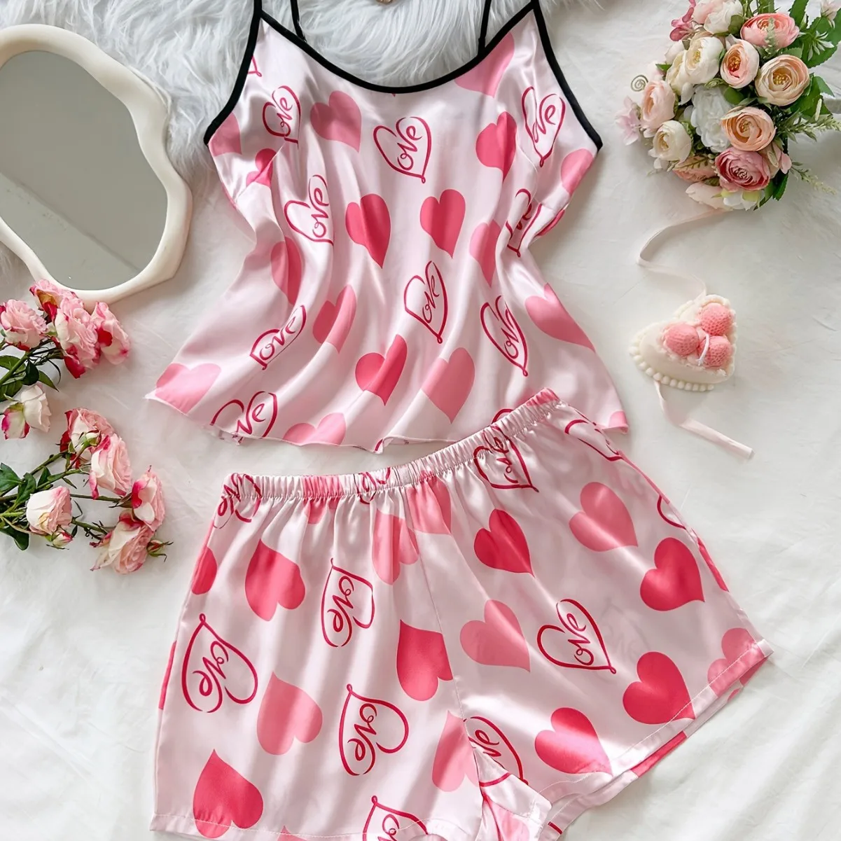 

Сексуальные шорты-бретельки с любовью, европейский и американский новый стиль, красочная и сексуальная шелковая домашняя одежда с имитацией шелка