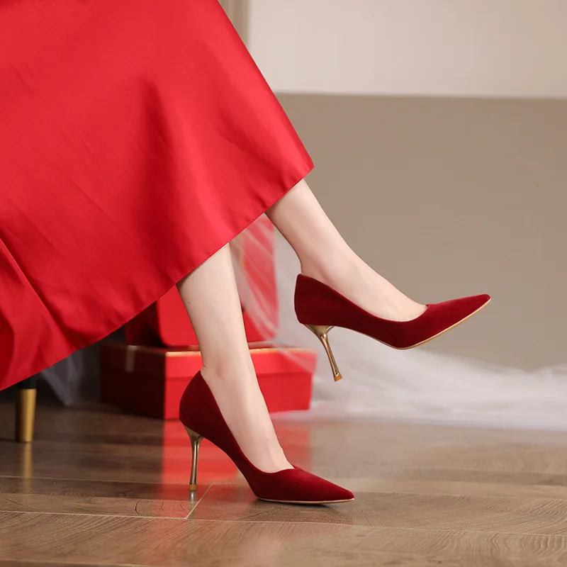 

Women's Basic Pumps Gold Heel High Dress Shoes Red Flock Boat Pointed Toe Slip on Spring 2026 New