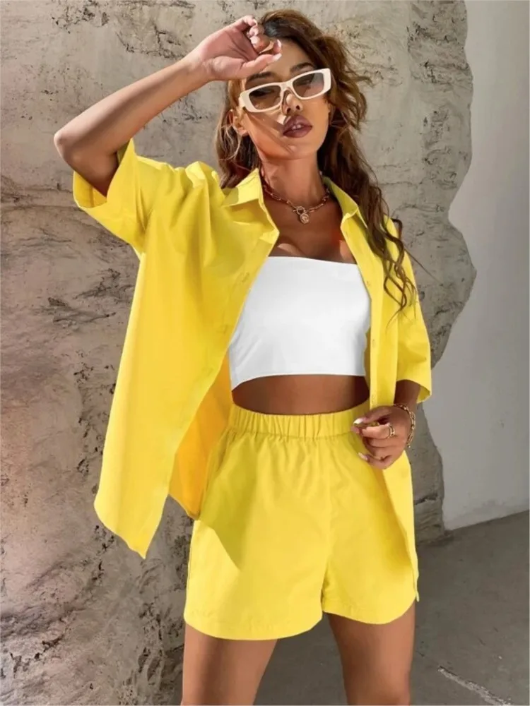 Summer 2 Piece Set Women Short Sleeve Solid Color Buttons Shirt +loose Shorts Suit New 2024 Fashion Sports Lady Casual Sets