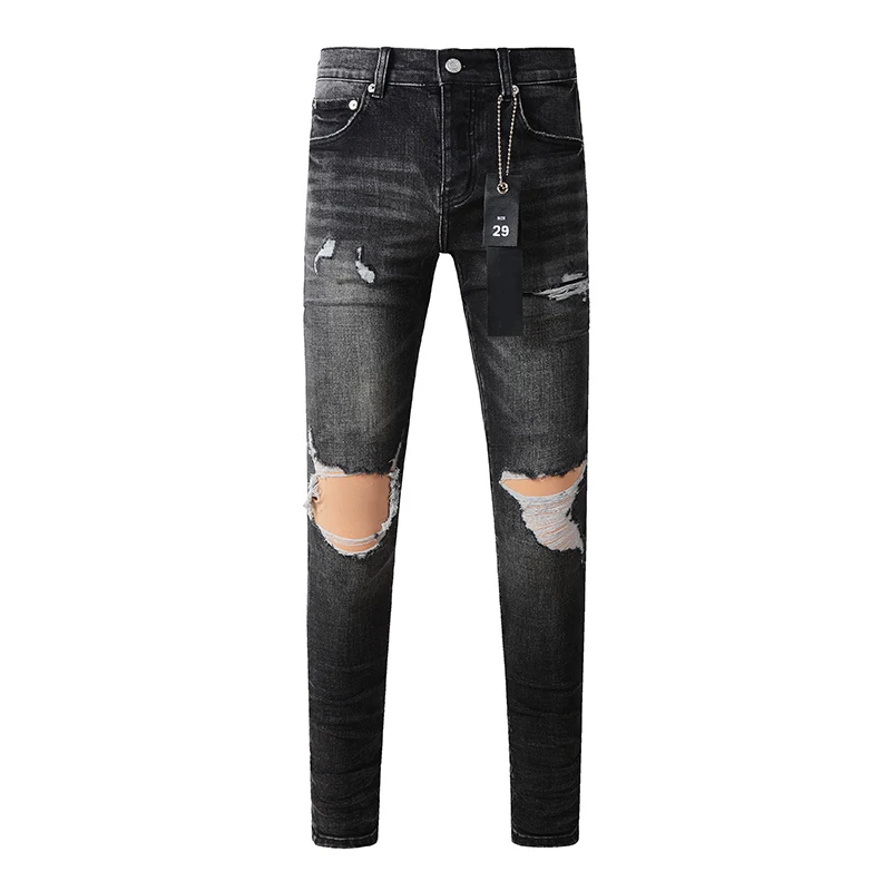 

Men's American High Street Stretch Skinny Summer's Streetwear Button Fly Black Gray Destroyed Holes Ripped Jeans Pants