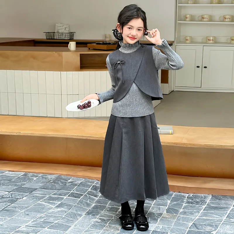 

Костюмы из 3 предметов для школьниц, осенняя водолазка, вязаная майка + жилет с бантом + плиссированная юбка, наряд для девочек-подростков, комплекты для девочек 4–14 лет