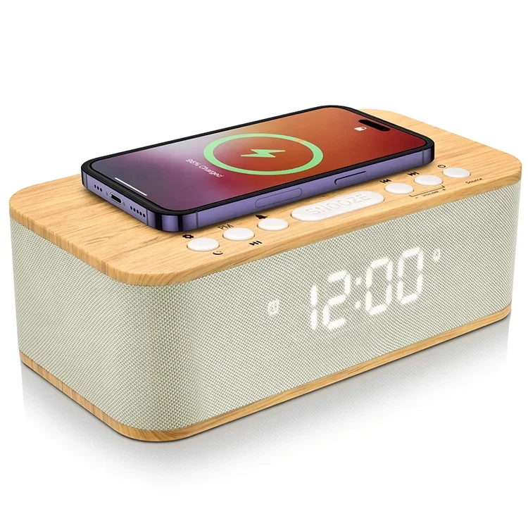 FANSBE Dual Alarm Bluetooth 5.0 Clock Speaker Mobile Phone Wireless Charger Digital Alarm Clock Speaker