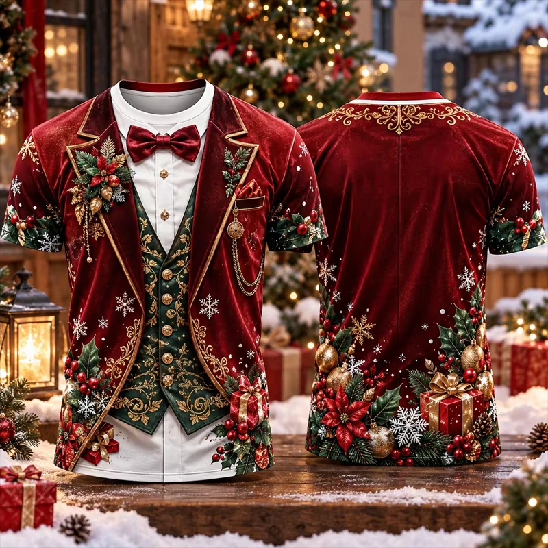 Winter Men's Stylish Faux-Suit Christmas T-Shirt With 3D Gold Embellishments Gift Box Print Short-Sleeve—Unique Outfit