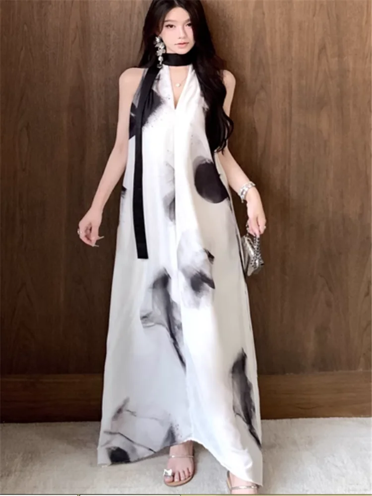 

Elegant Chinese Painting Fairy Seaside Vacation Long Dress New 2025 Summer Women Halter V Neck Ribbon Loose Beach Holiday Dress