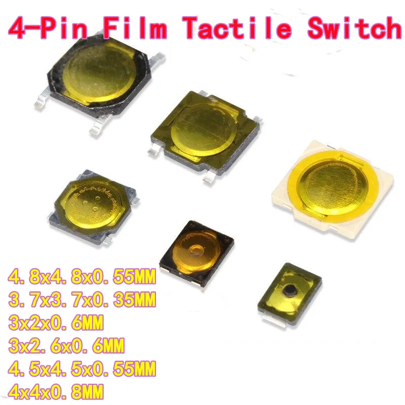 100PCS Ultra Thin SMD 4 Pin PCB Thin Film Tactile Switch Micro Momentary Pushbutton with 2 Metal Domes Touch Activated