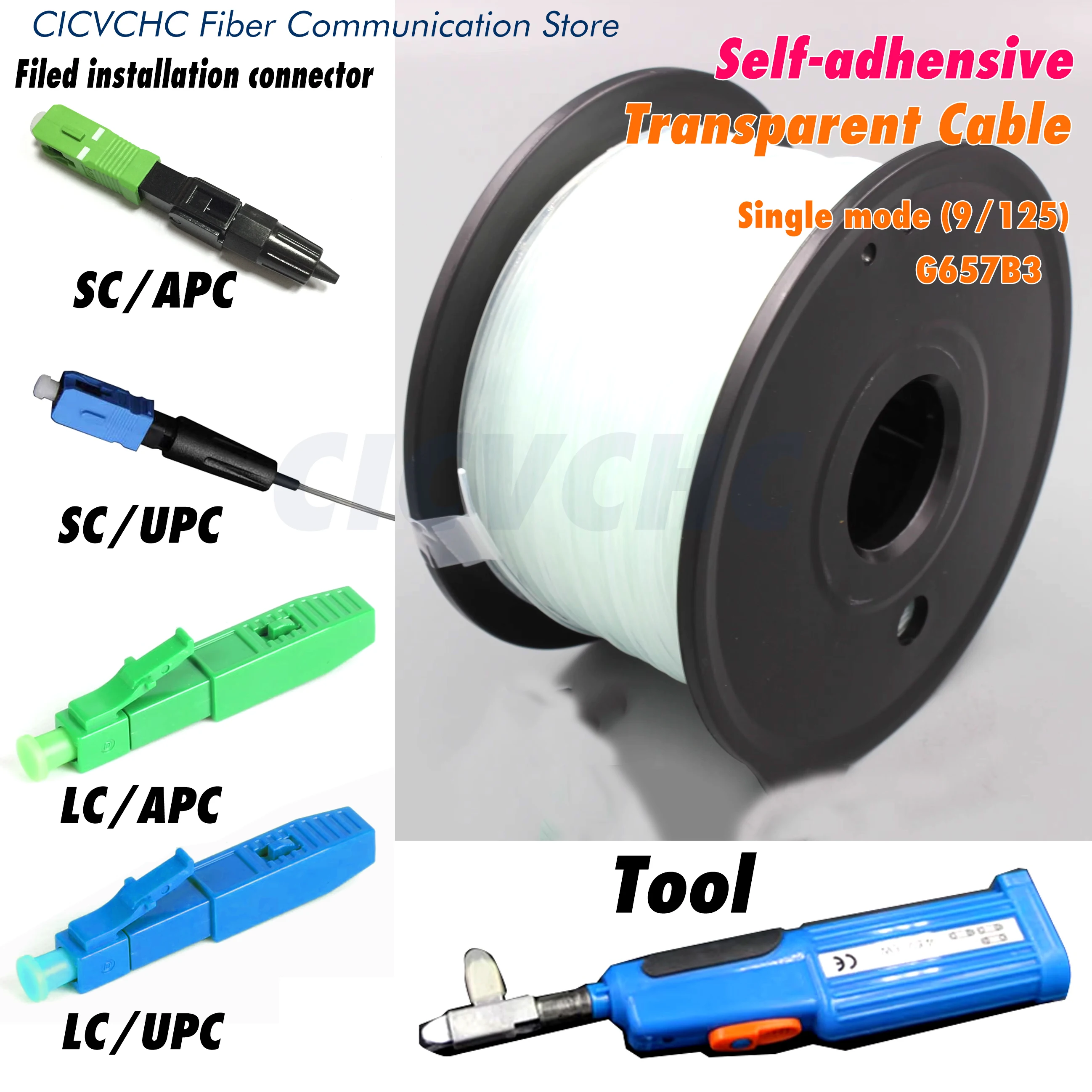 Self-adhensive Invisible Fiber, Field Installation Connector and Tool, SC LC APC UPC