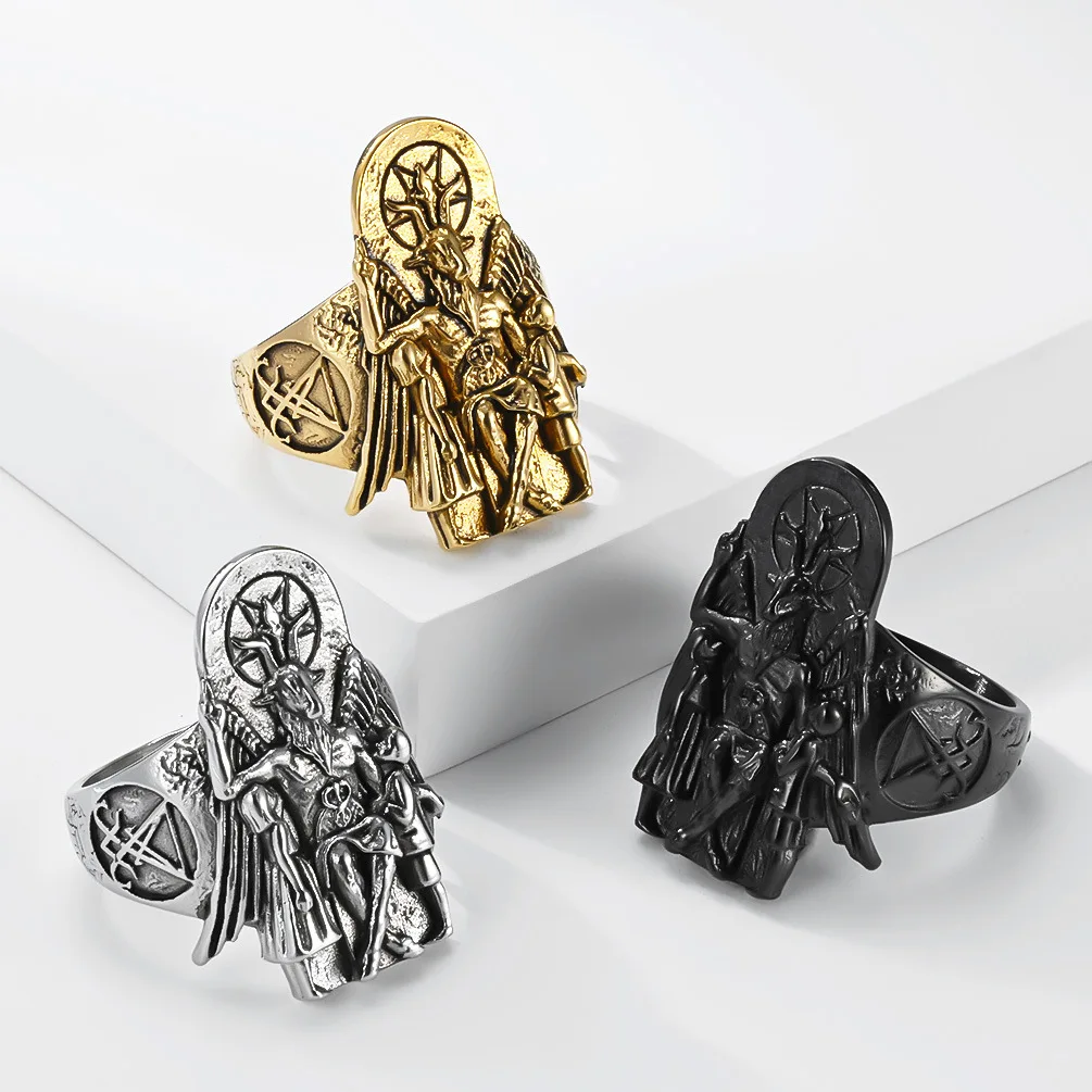 Men's Stainless Steel Dark Punk Style Fallen Angel Lucifer Devil Satan Goat Ring Fashionable Gothic Accessory