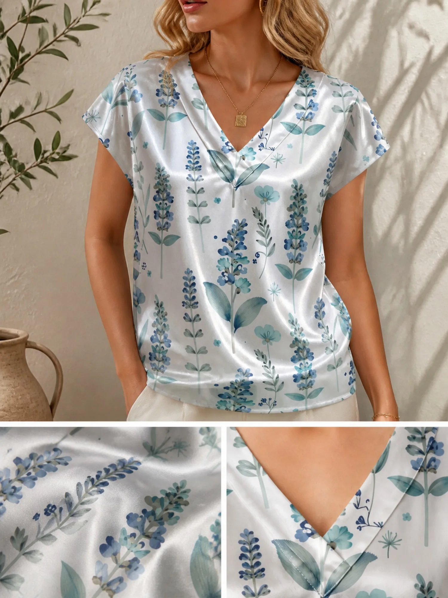 Floral Satin V Neck Top for Women Cap Sleeve Smooth Draped Fit Silky Vacation Beach Daily Wear Lightweight Breathable Daily Cafe