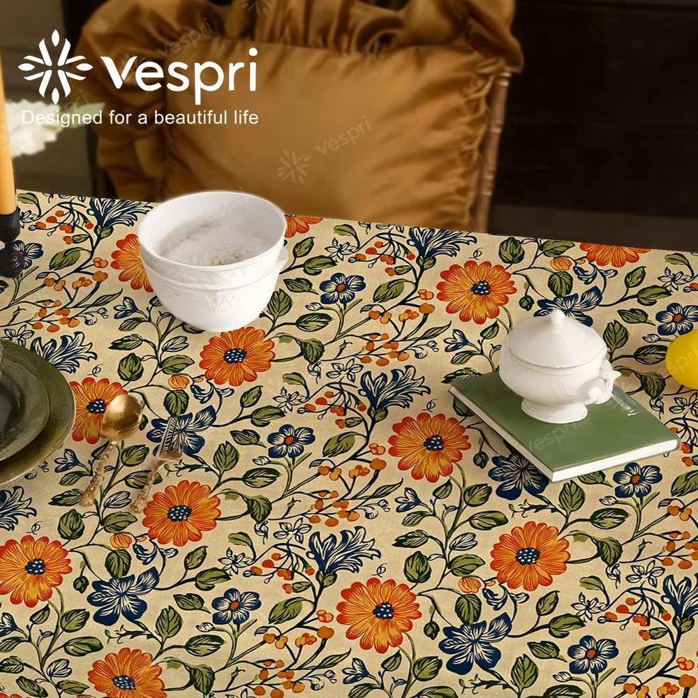 Vespri Spring and Floral Tablecloths with Green and Yellow Decorations, Featuring Tables and Chairs. European Style in Round, Rectangular, and Oval Shapes. Ideal for Restaurants, Parties, Holidays, and Outdoor Events..