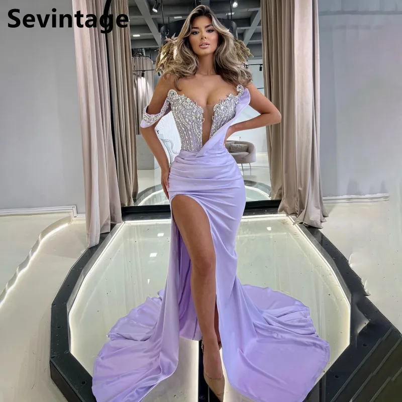 

Sevintage 2025 Lavender Mermaid Evening Dress Sexy Slit Custom Made Beaded Prom Gown Wedding Party Dress Vestidos