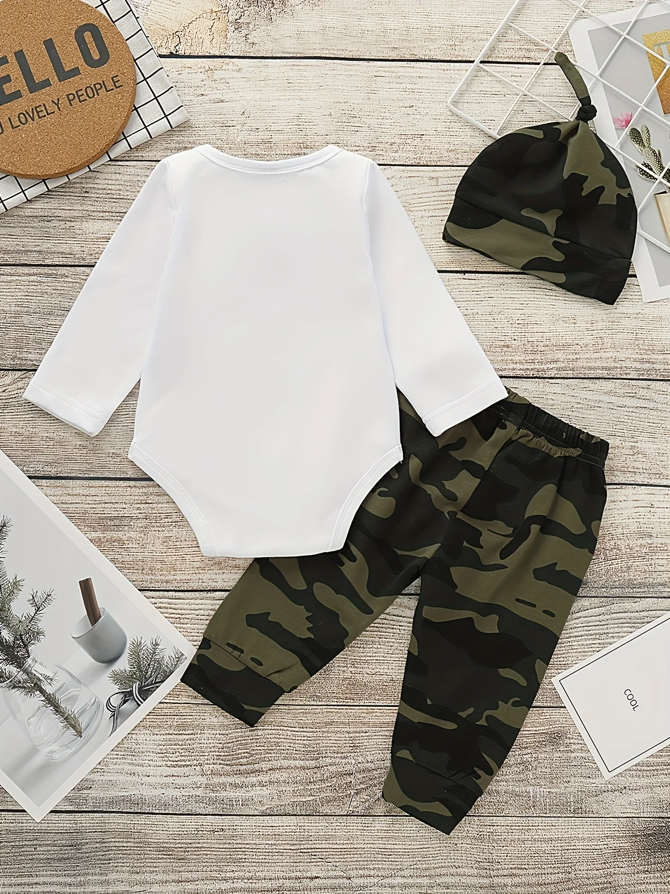 Baby Boy Suit Letter Printed Bow Bodysuit And Camouflage Pants And Hat Suitable 0-12 Months Baby Boy Spring Autumn Crawling Suit