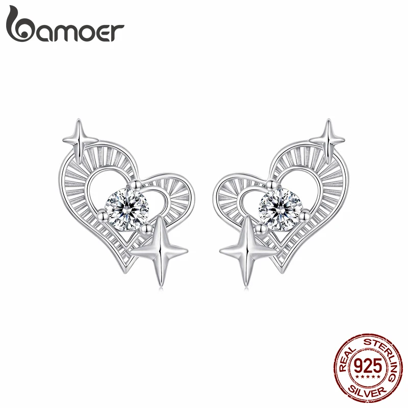 

Серьги-гвоздики BAMOER из стерлингового серебра 925 пробы с гравировкой и текстурой в форме сердца, серьги-гвоздики со звездами в форме сердца для женщин, романтический подарок