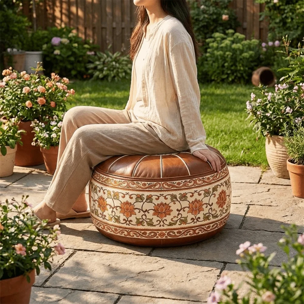 PU Leather Lotus Print Seat Cushion Cover Unstuffed Large Capacity Sofa Stool Cover Space Saving Vintage Storage Leg Bench