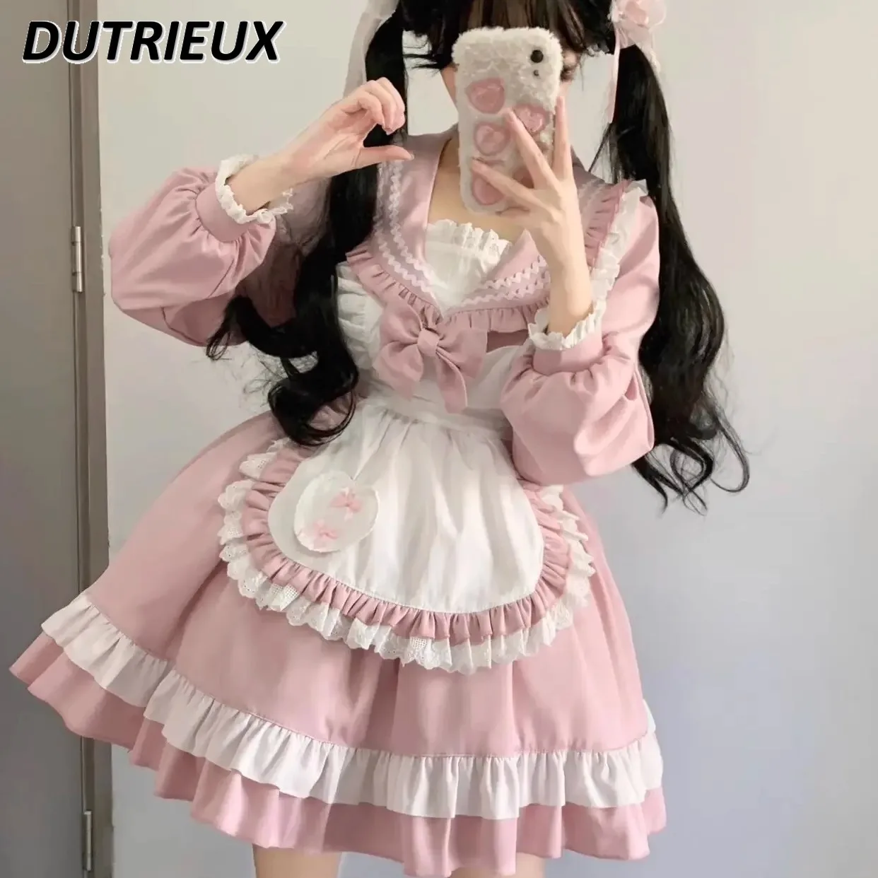 Large Size Sweet Cute Japanese Style Sailor Suit Long Sleeve Suit Soft Jk Uniform Cos Girl Long Sleeved Dress+apron Set