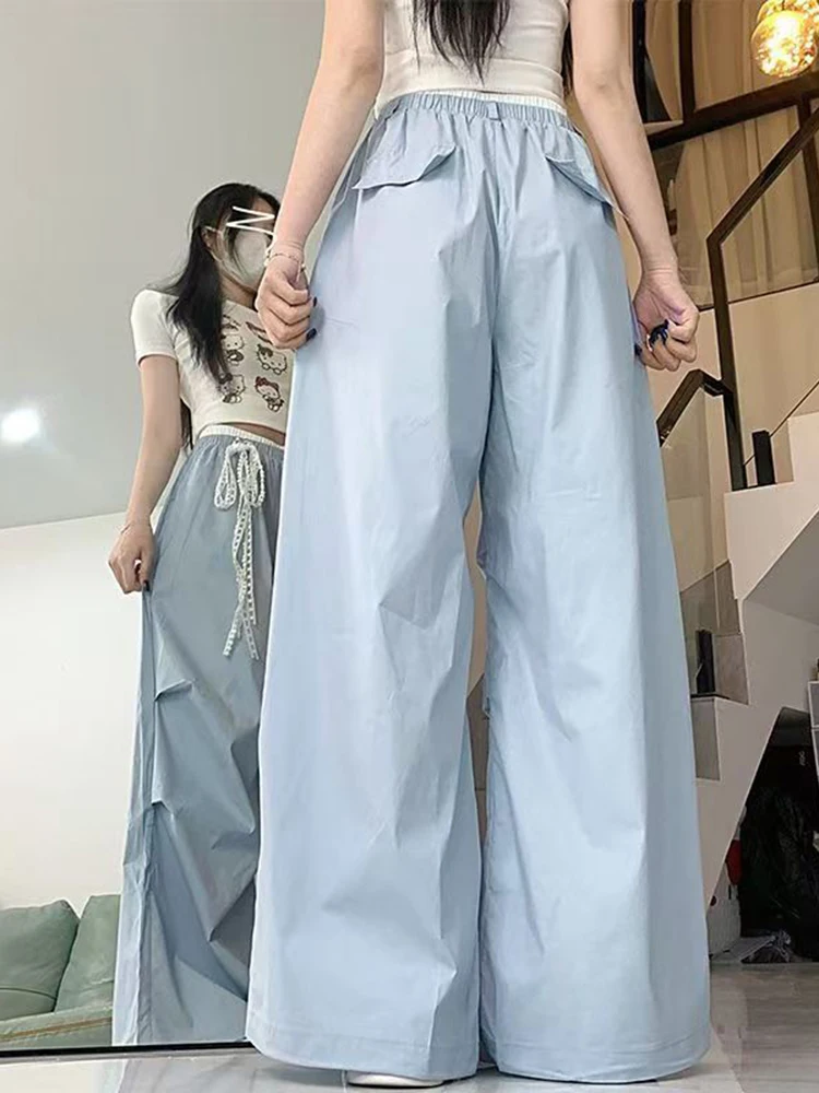 Jmprs Lace Bow Cargo Pants Women High Waist Loose Sweet Blue Trousers Casual Vintage Korean Female Summer Wide Leg Pant Retro
