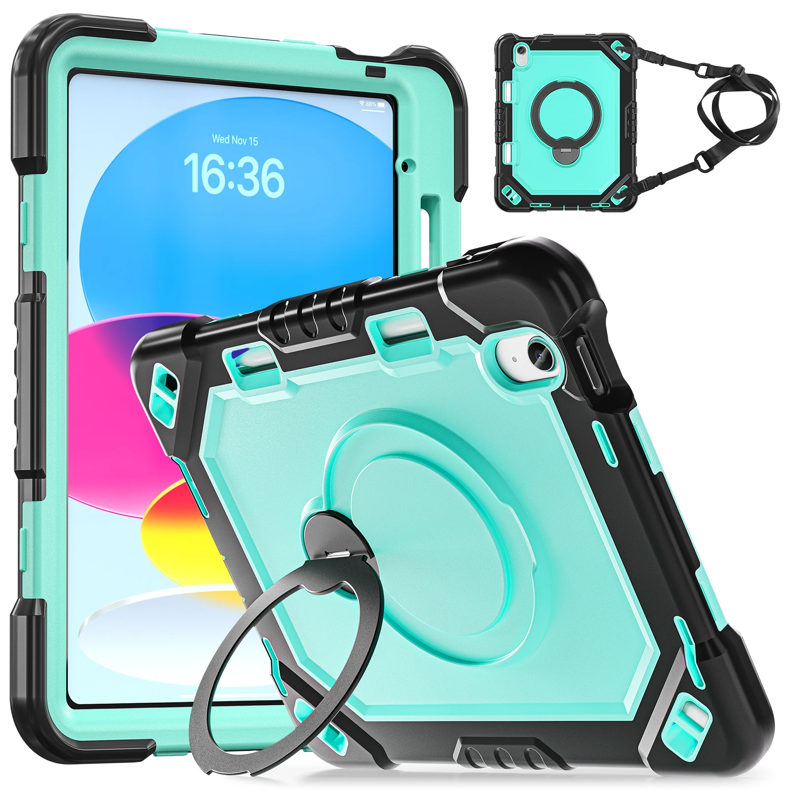 Mecha Style Shockproof Case for iPad 11 A16 2025 10th Air11 M4 M3 M2 Pro11 4th 3th 2th Mini 7 360 Rotating Kickstand Strap Cover