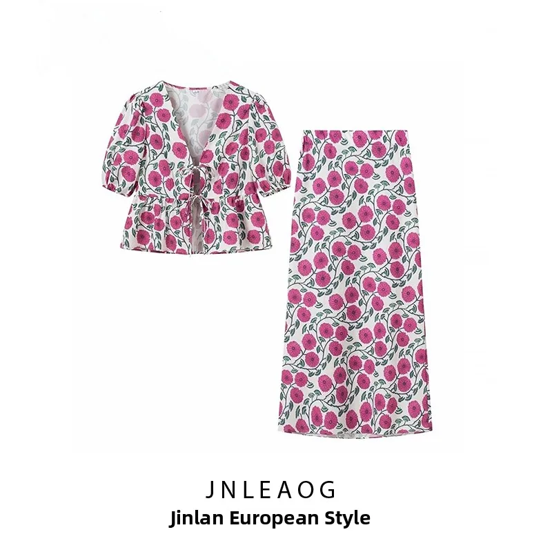 JNLEAOG Set Rok dan Rok Irt Cetak Desain Faion Baru Musim Semi Wanita Poliester Slim Fit Bernapas Tipis V-ne Or Sve