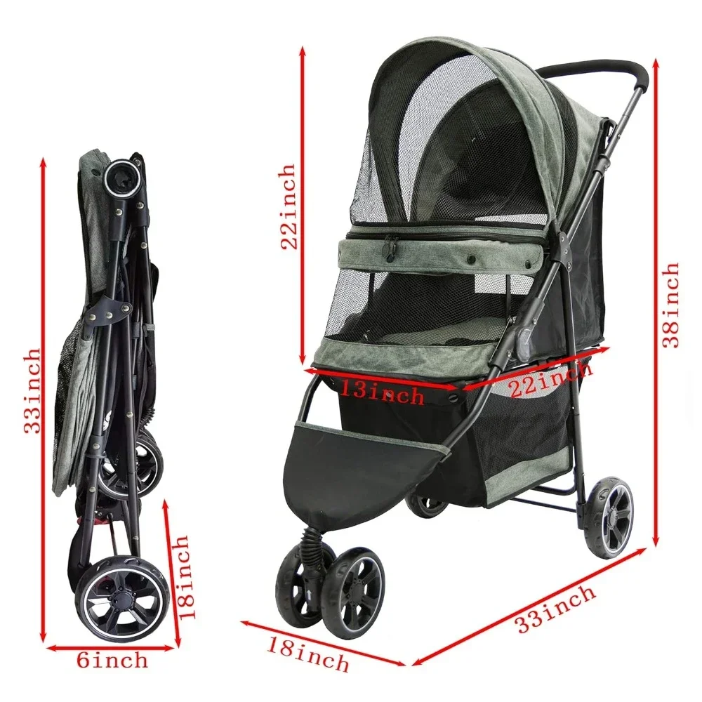 3Wheel Pet Stroller Lightweight Foldable Portable Compact Pet Gear Puppy Travel Suitable for 30LB Small Dogs and Cats