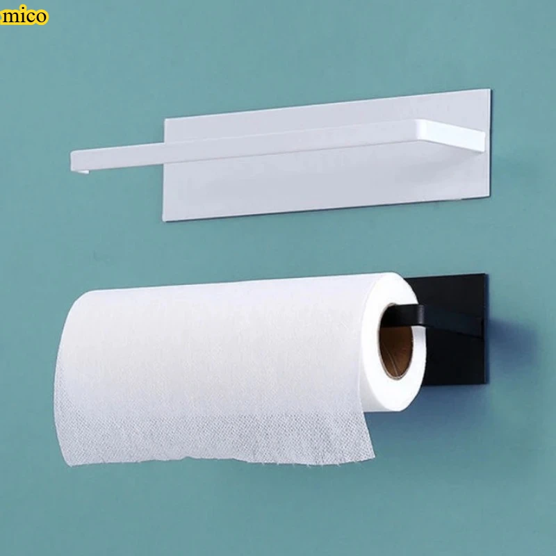 

No-Drill Adhesive Carbon Steel Kitchen Paper Towel Holder, Household Roll Paper Hanger, Plastic Wrap & Rag Storage Rack