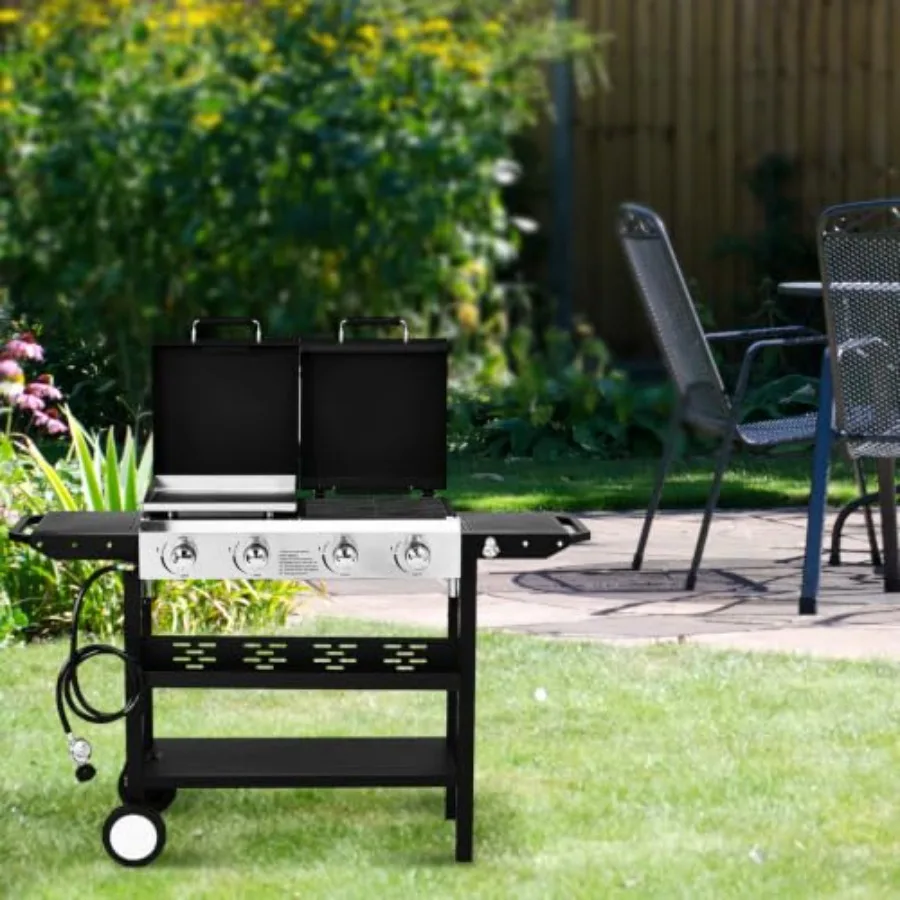 4 Burner Propane Gas Grill and Griddle Combo, 40000 BTU Freestanding Flat Top Griddle and BBQ Grill with Ignition, Lids and Por