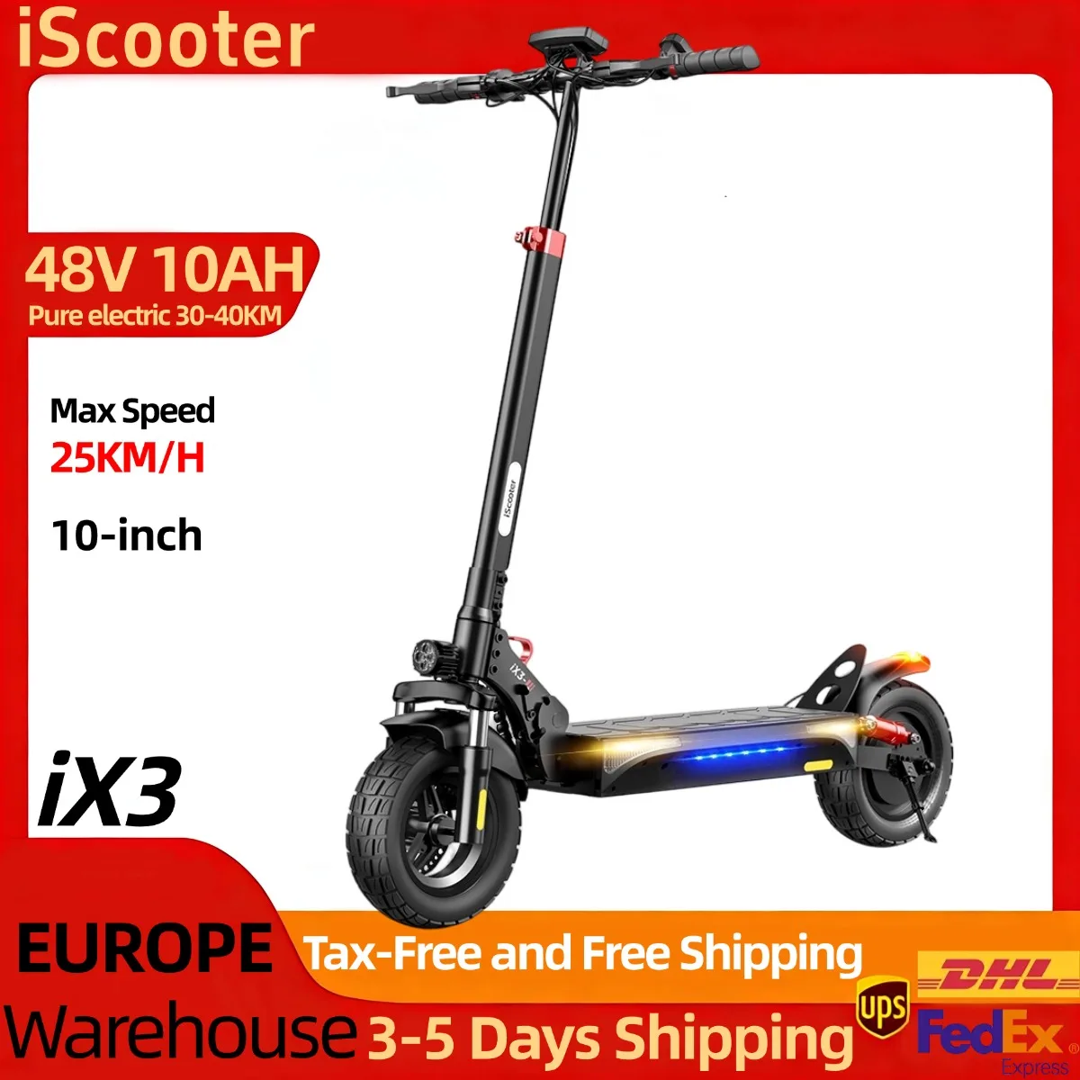 Iscooter Ix3, monopattino elettrico 48V 10Ah per adulti, motore brushless, batteria al litio rimovibile, monopattino elettrico portatile, pneumatici da 10 pollici, autonomia puramente elettrica di