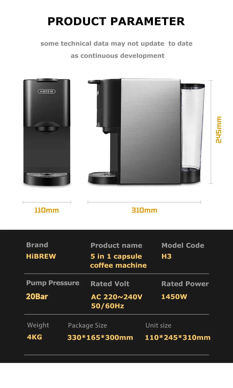 HiBREW Kaffeemaschine 5in1 Espresso mit mehreren Kapseln Dolce Milk&Nespresso&ESE Pod&Pulver Kaffeemaschine Edelstahl Metall H3A – Detail 20