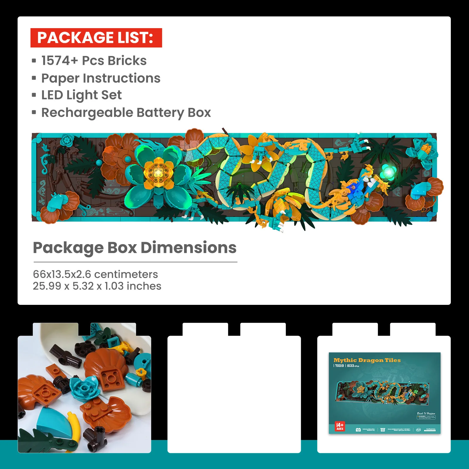 Dragon Pattern Wall Art Building Blocks LED Light MOC DIY Assembly Model Desktop Home Decor Ornament Gift Adults Kids Birthday