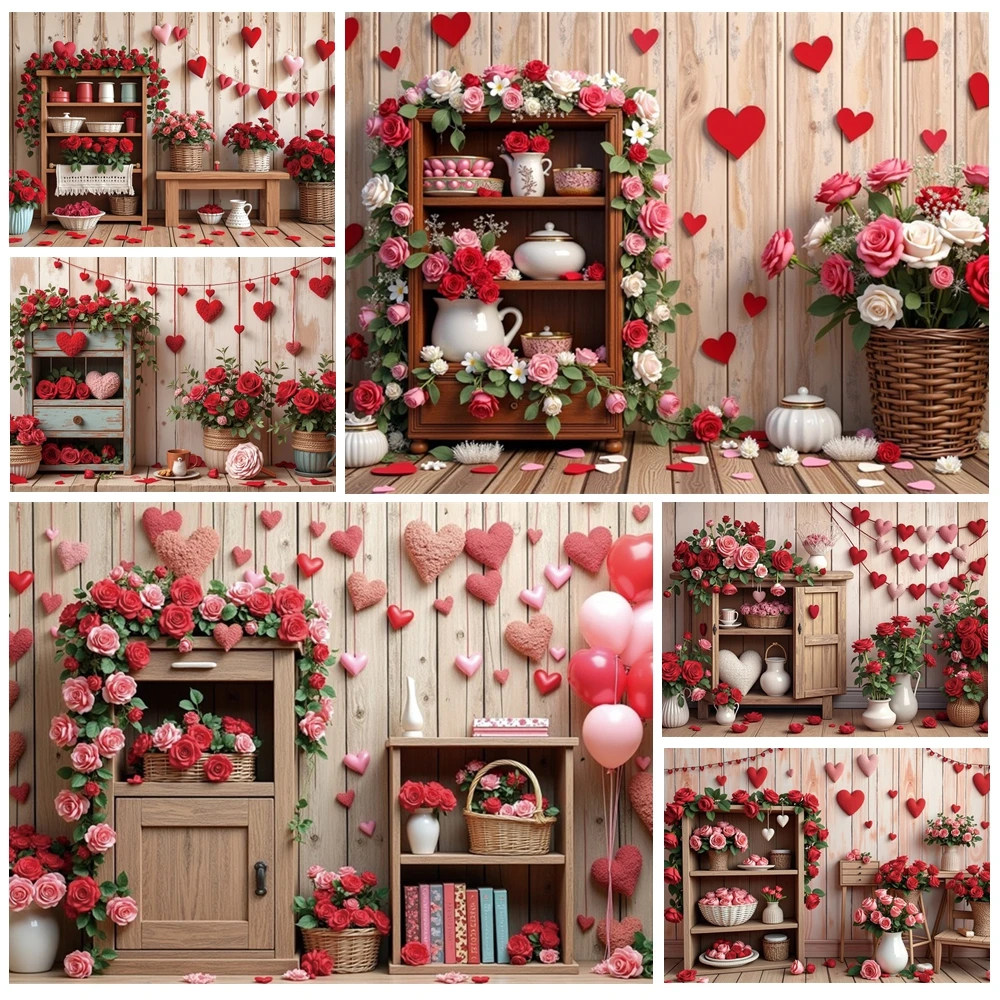 

MOON.QG Cozy Valentine's Day Cabinet Background Petals Heart Wooden Wall Textures Backdrops For Photography Bridal Shower Lover