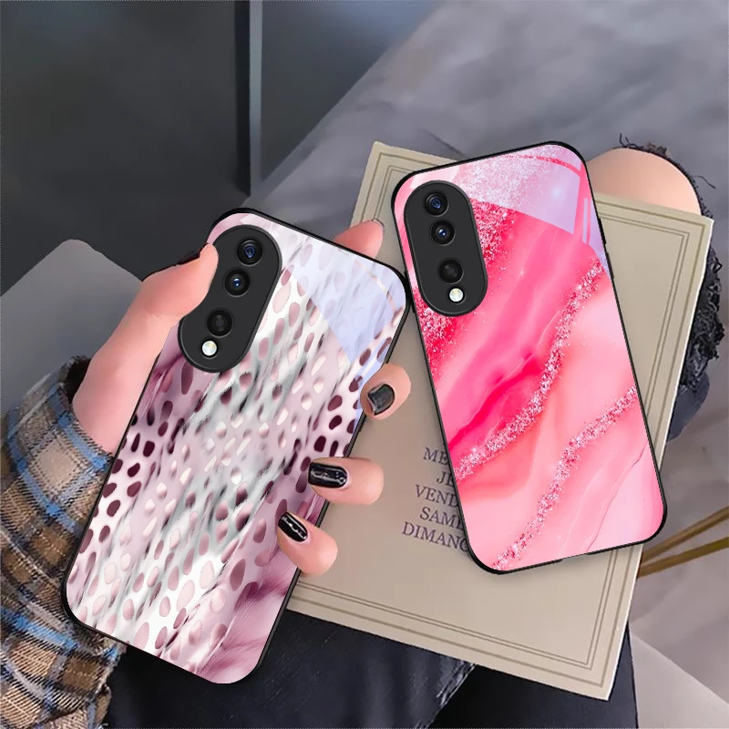 Pink marble texture image For Honor X6 X9c X9 X6b X8a X8 X9b X5b Plus X8b 30 Pro+ 50 Pro 70 90 200 Lite Black Glass Phone Case