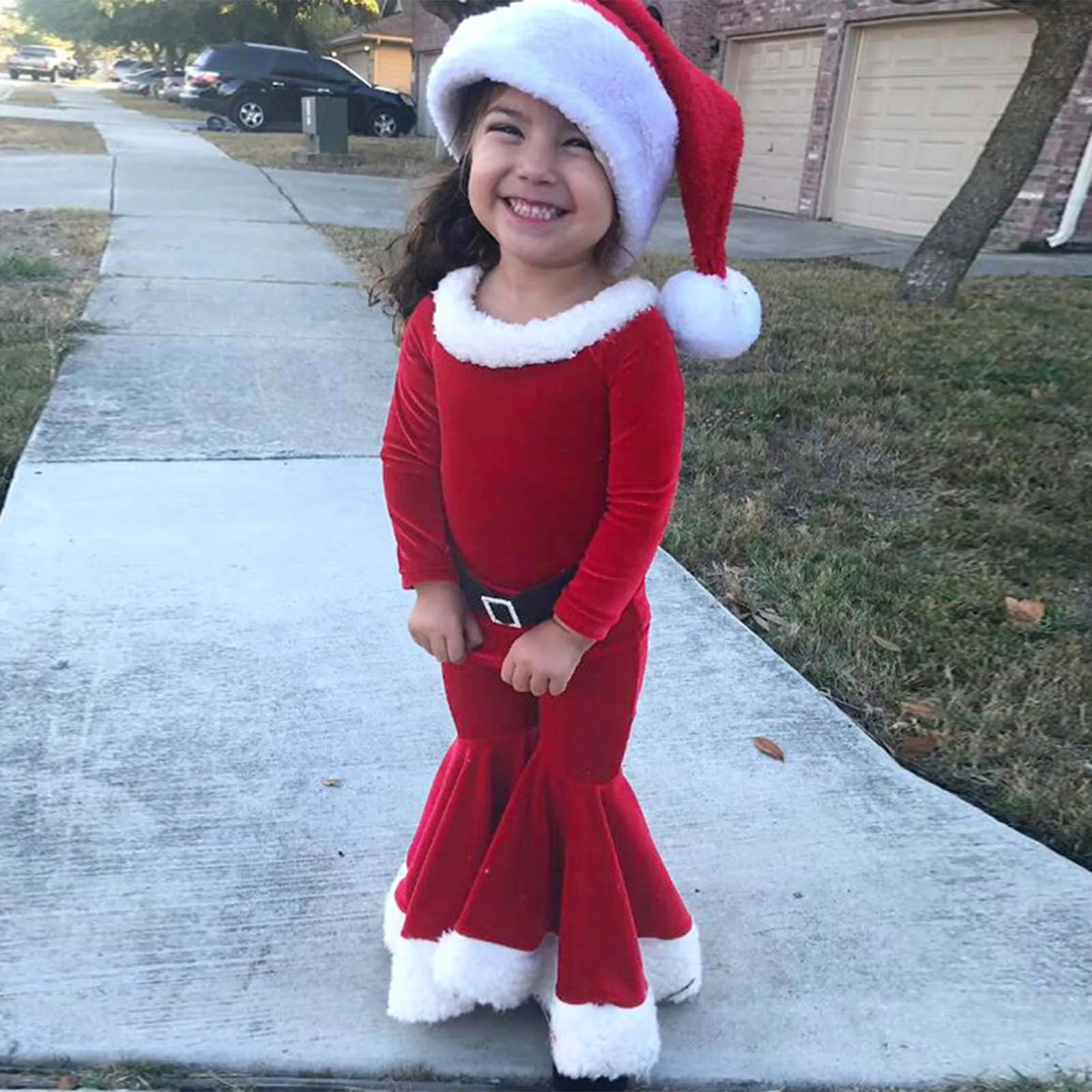 Toddler Baby Girls Christmas Outfit Sets Santa Long Sleeve Fleece Sweatshirt Tops Bell Bottoms Pants Hat  3Pcs Christmas Clothes