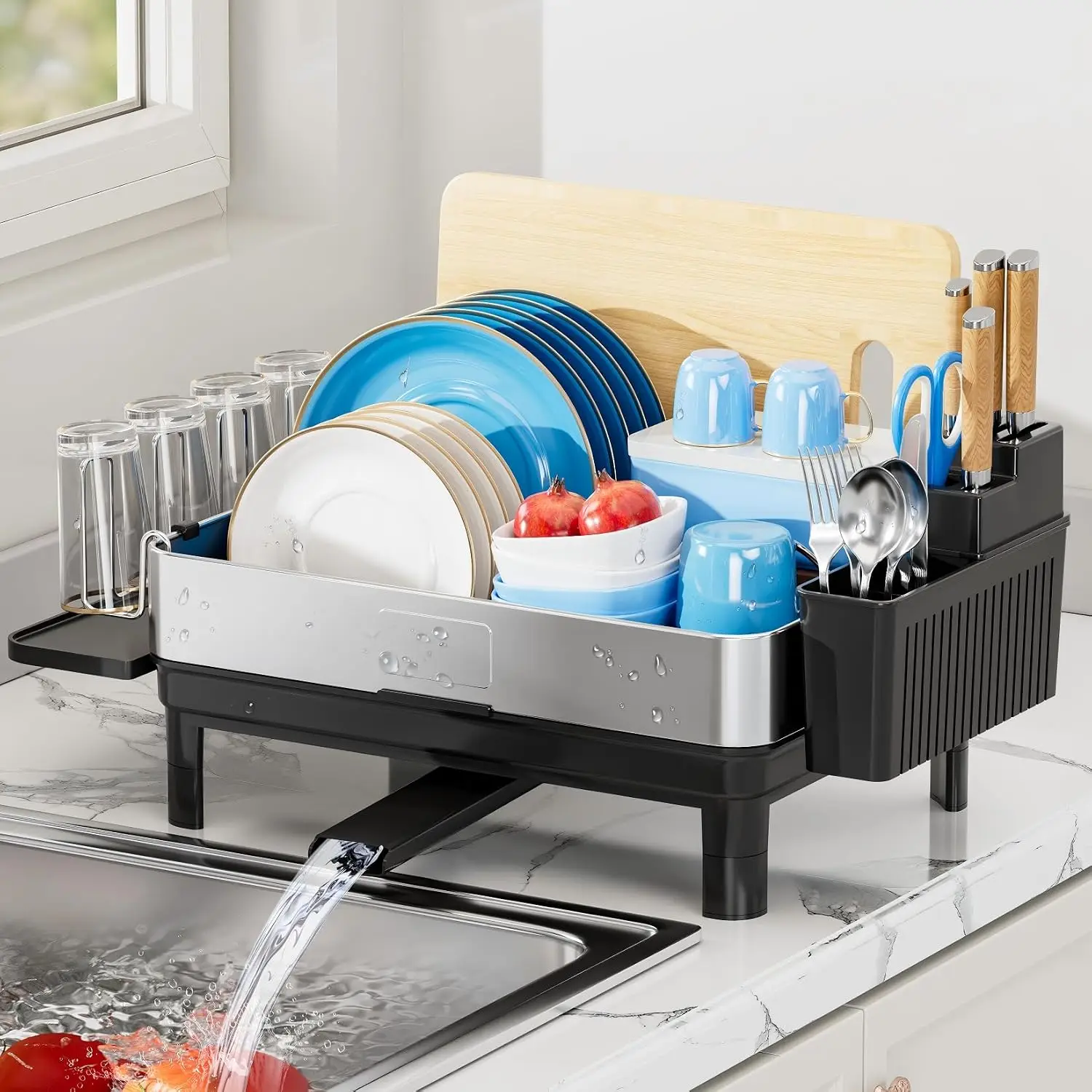Dish Drying Rack, 304 Stainless Steel Dish Racks for Kitchen Counter | Dish Drainers with Automatic Drainage, Utensil Holder & C