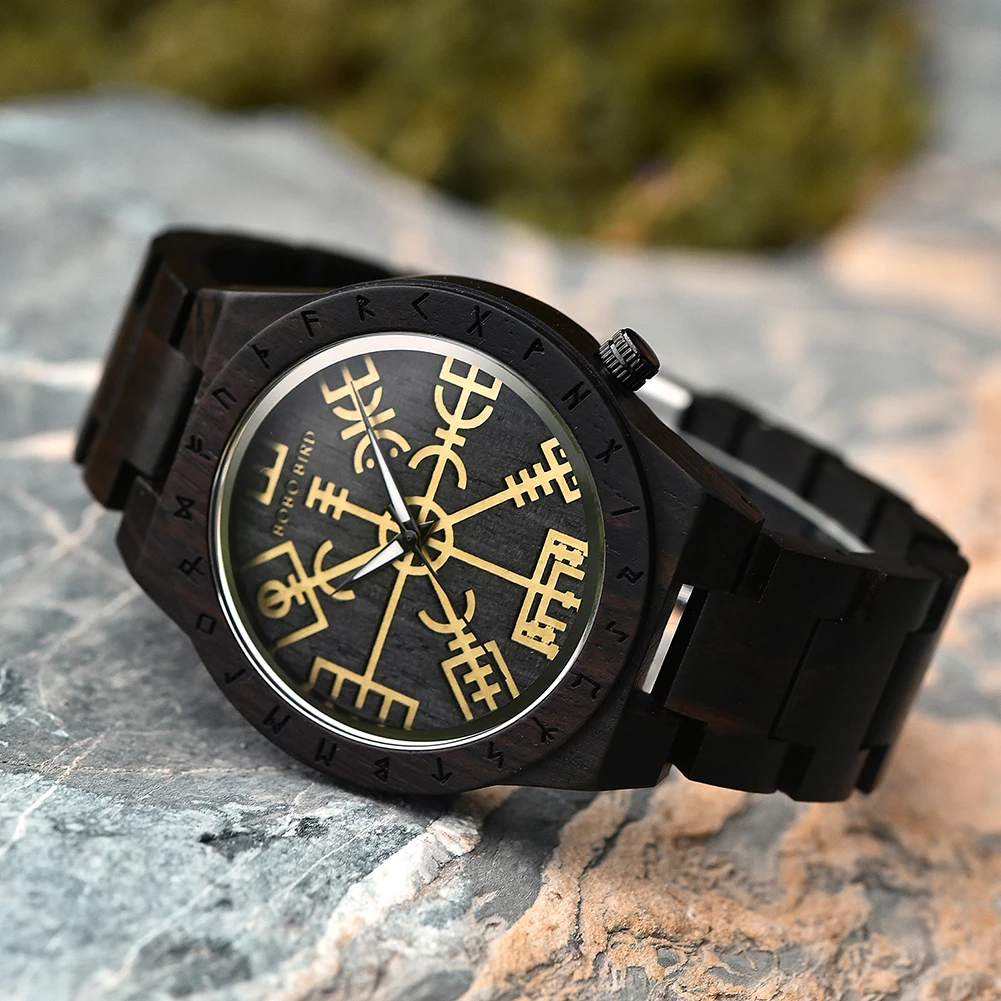 BOBO BIRD Wooden Watches Man\'s Watch Fashion Runic Circle with Golden Helm of Awe Vegvisir Quartz Wristwatch Male Custom Gift