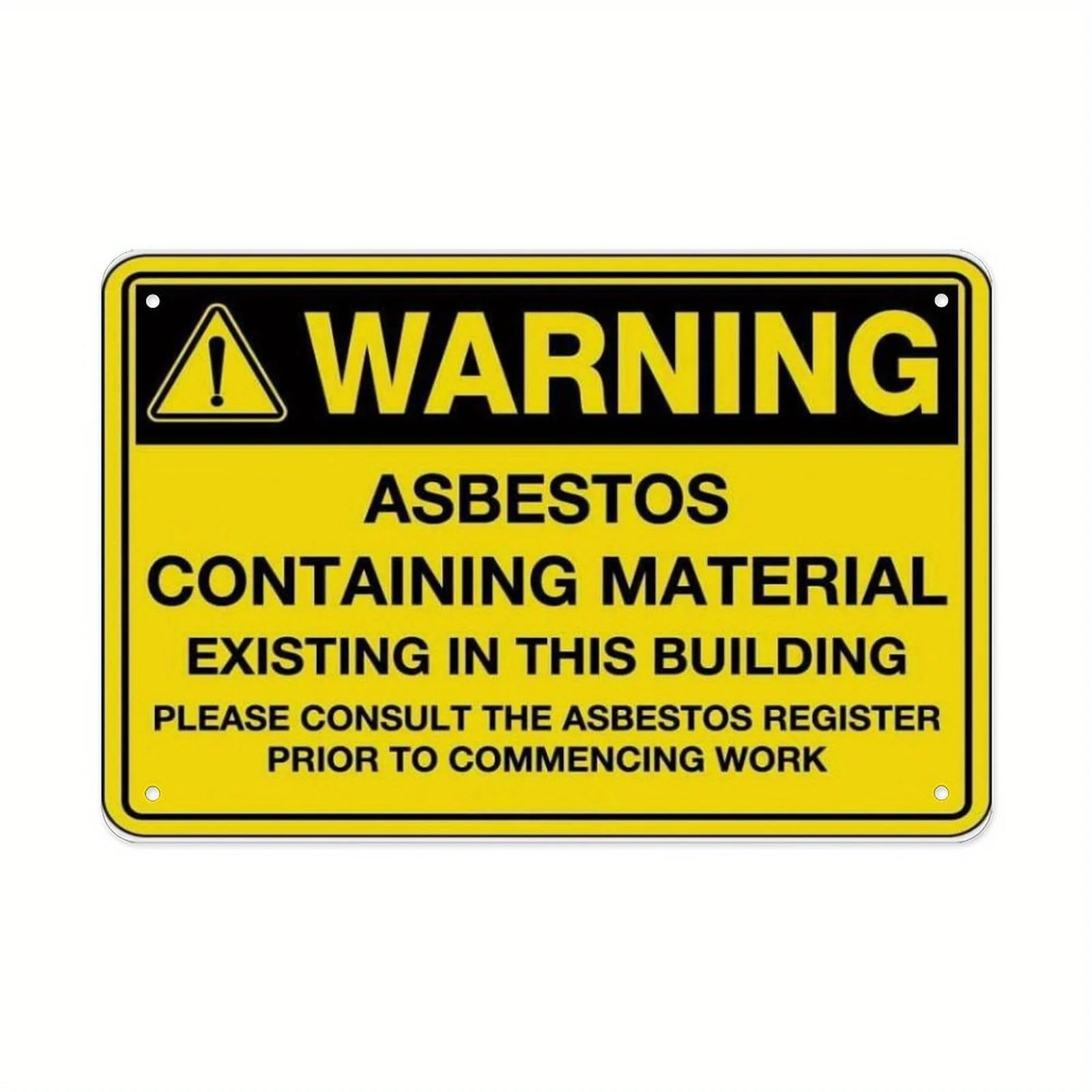 علامة تحذير أسبستوس - هيكل حديد متين، خلفية صفراء مع نص أسود، إشعار مخاطر جريء وواضح للمرآب، f